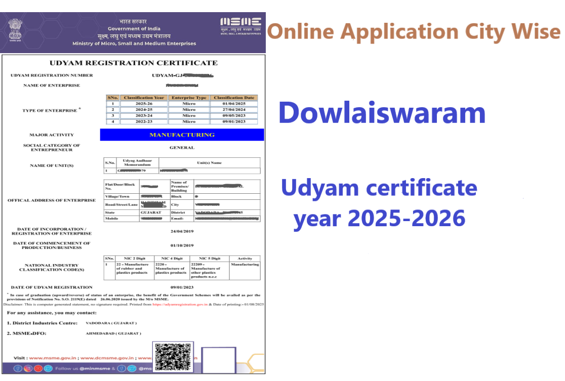 Dowlaiswaram  Udyam Certificate Year 2025-2026